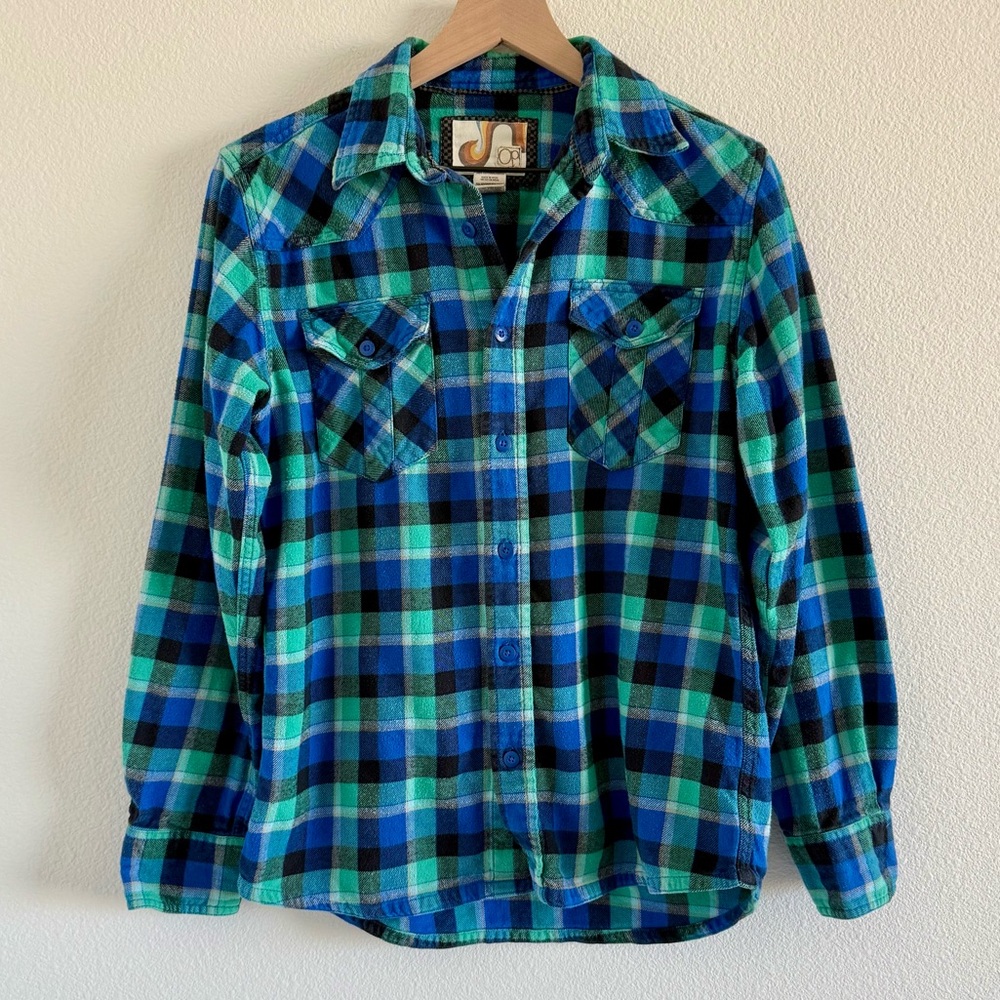 Vintage OP Vibrant Blue and Green Plaid Shirt